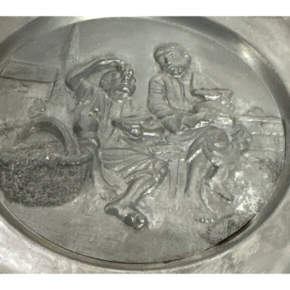 Vintage Italian Farmhouse Raised Relief Pewter Plate Norleans Men Grapes Rustic - Picture 2 of 8